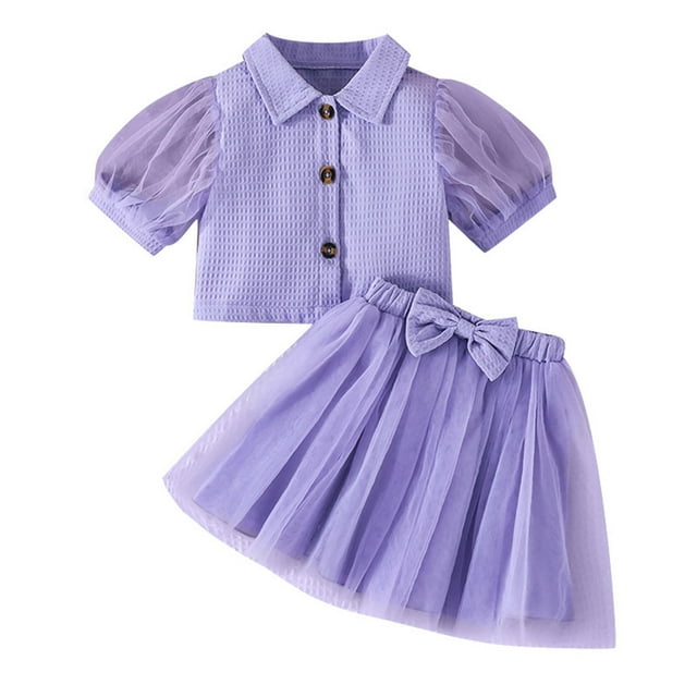 Birdeem 4-7 Years Girls Set Purple Short Shirt + Bow Mesh Skirt Two-Piece Set
