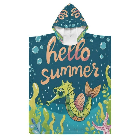 Kid Hooded Beach Towel Bath Poncho Towels Soft Absorbent Quick Dry for Boy Girl Hello Summer Seahorses S
