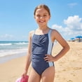 thumbnail image 3 of Girls One-Piece Crisscross Back Swimwear Sleeveless Swimsuit Ruched Color Block Bathing Suit Size 9-10Y, 3 of 9