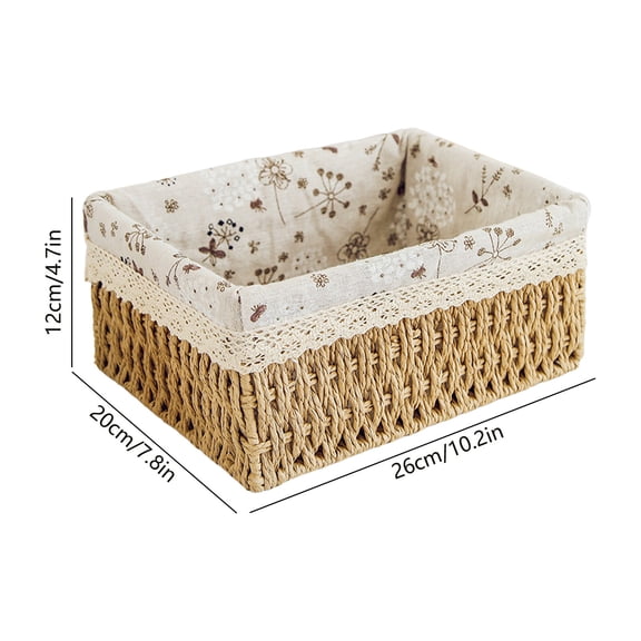 Small Woven Storage Basket with Liner, Rectangular Decorative Rattan Organizer Bin for Home Bathroom Bedroom Kitchen Office Sundries Cosmetics, L