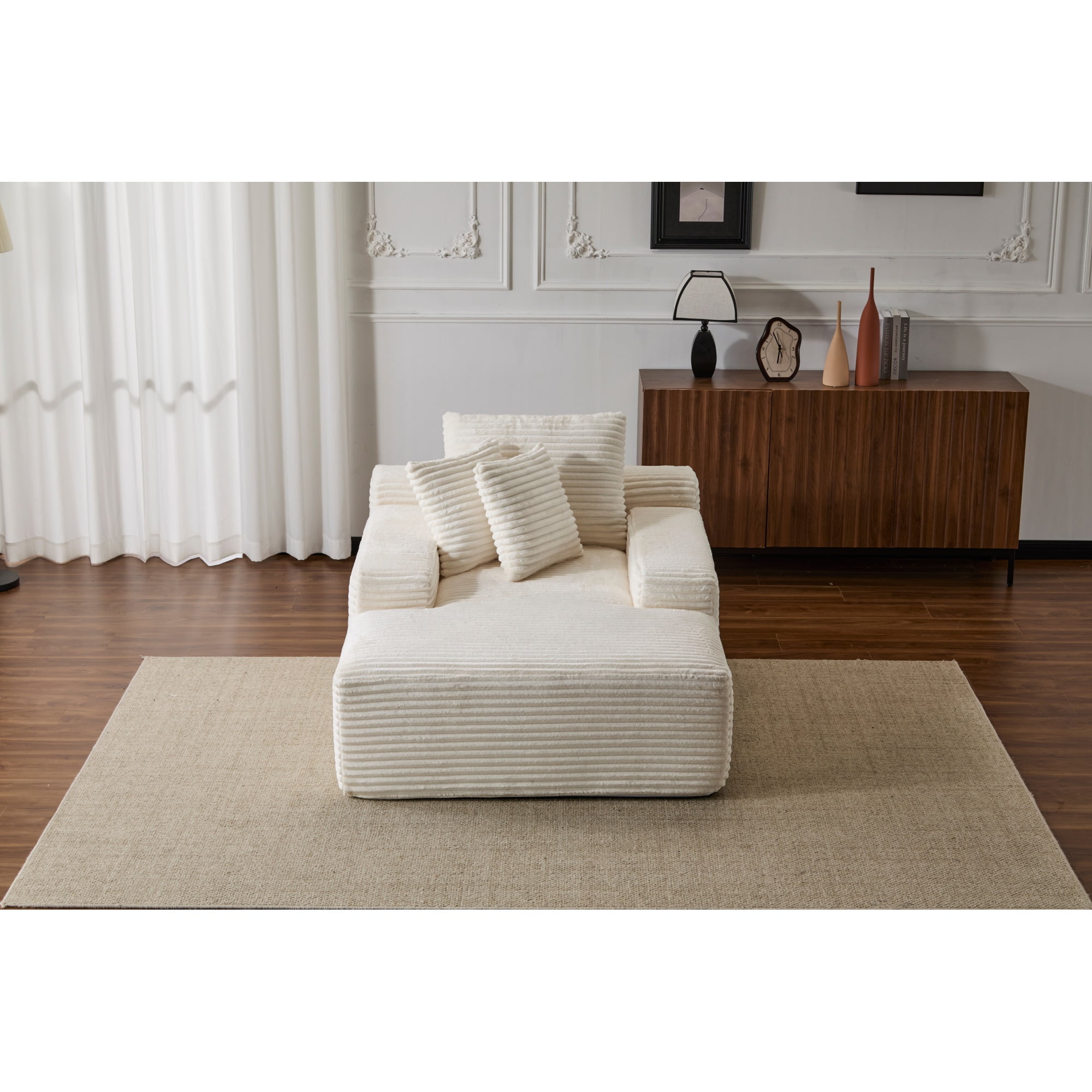 Leumius Oversized Chaise Lounge Indoor,Cozy Cloud Couch Modern Plush Corduroy Upholstered Sofa Bed with 3 Pillows and Wide Armrest for Living Room, No Assembly Required,White