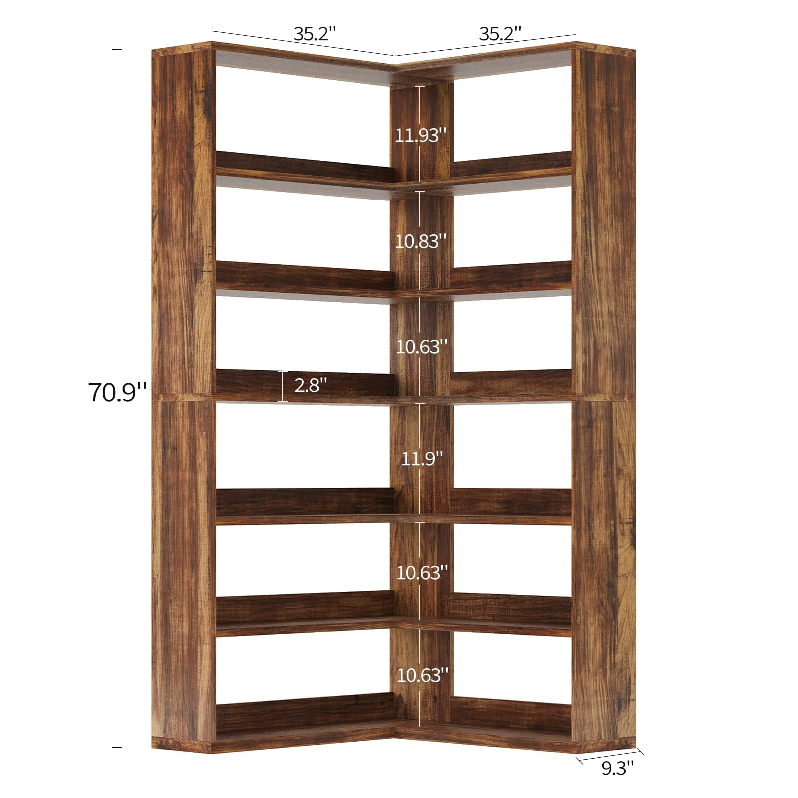DreamCurship Corner Bookshelf L-Shaped Industrial 6 Tier with LED Light 71 Inch Tall Rustic Brown