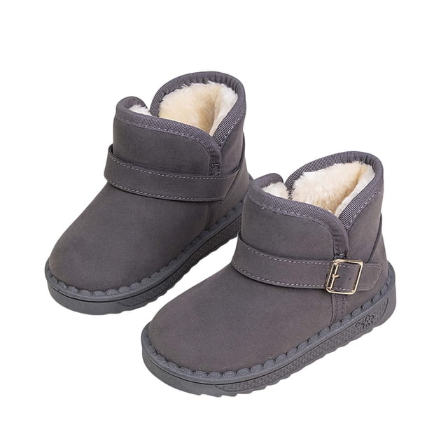 Xfvqtps Child Girls Snow Boots Suede Upper Furry Plush Lining Thickened Round Toe Solid Color Decorative Buckle Non Slip Thick Bottom Warm Winter Ankle Boots Gray