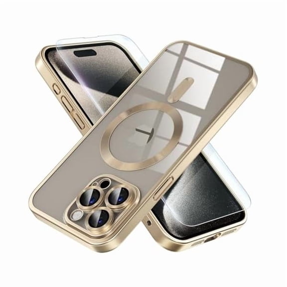 Eryueer Magnetic for iPhone 15 Pro Max Case [Never Yellowing] [Military Grade Drop Protection] Full Camera Lens Protector Soft Clear Phone Case for Women Girls, Titanium Gold