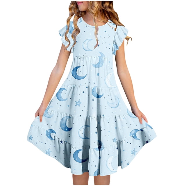 Zpanxa Robes Florales pour Filles Été Manches Courtes Manches Volantées Col Rond Imprimé de Fleurs Taille Poche Robe Superposée Polyester Spandex Multicolore 6-7 Ans