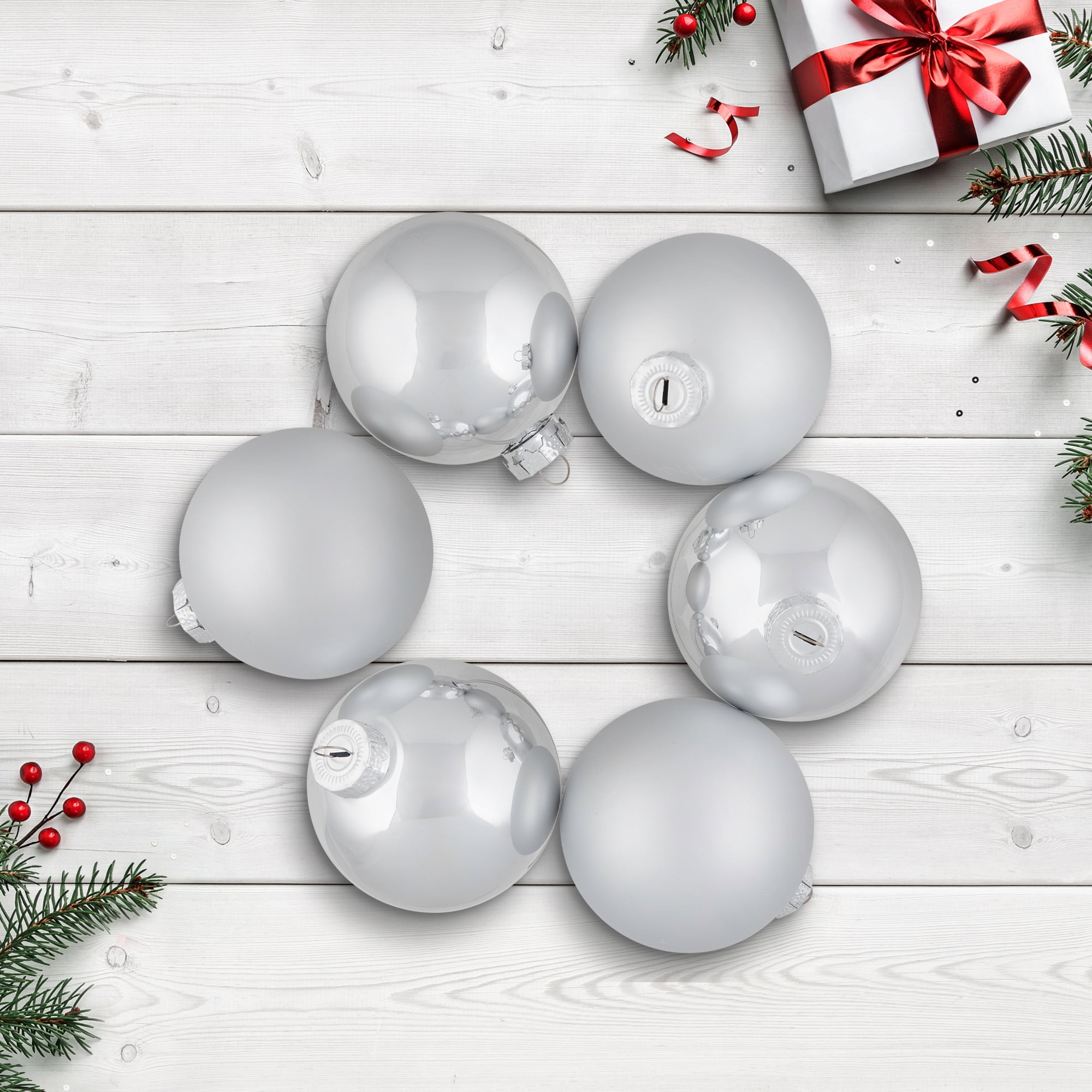 6-Piece Shiny and Matte Silver Glass Ball Christmas Ornament Set 3.25" (80mm)
