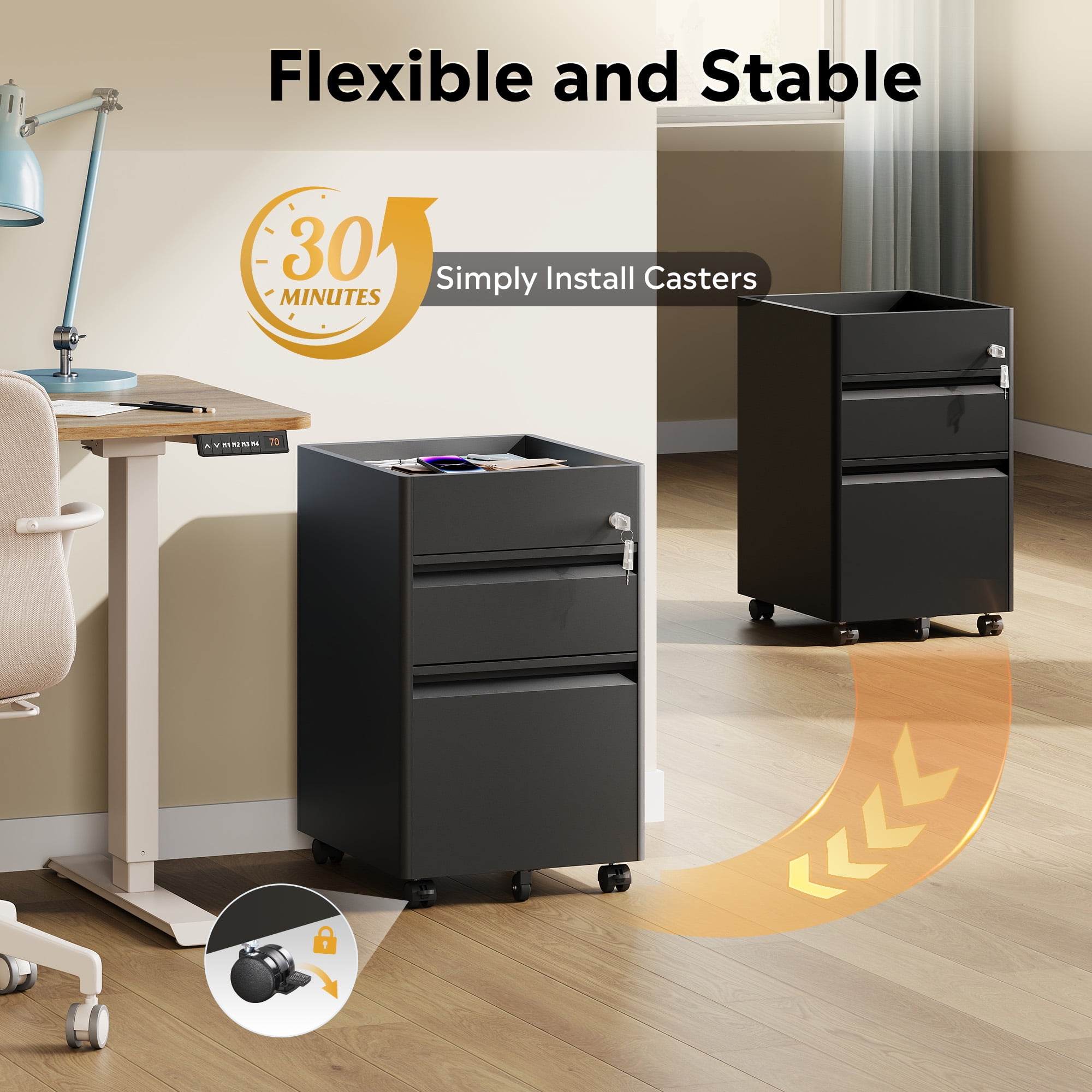GALAXHERO 2 Drawer File Cabinet with Lock, Metal Storage Organizer with Fence, Mobile Filing Cabinets for Home Office, Fit Letter/A4/Legal Size Files, Black