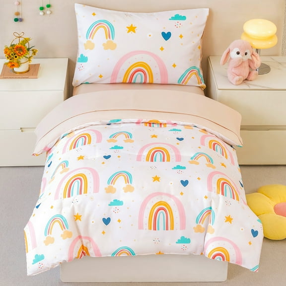 ZRNBAST 4 Piece Girls Toddler Bedding Set, Colorful Love Hearts Rainbow Bedding Set for Baby Girls, White