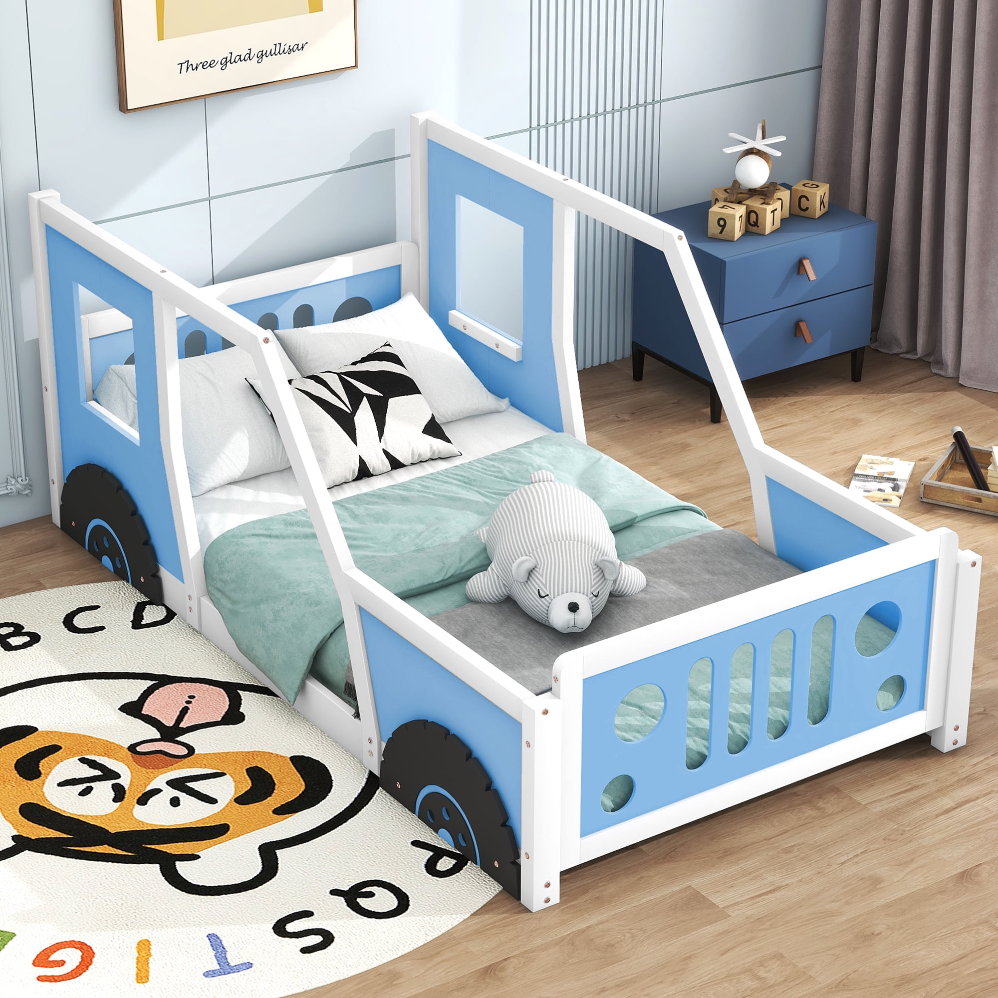 Euroco Car-Shaped Twin Size Wood, Solid Car Bed for Kids Gift, Low Profile Floor for Living Room, Blue