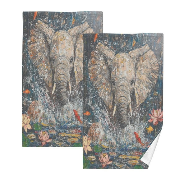 Elephant Set of 2 Pure Cotton Towels, 16'' x 28'', Highly Absorbent and Soft