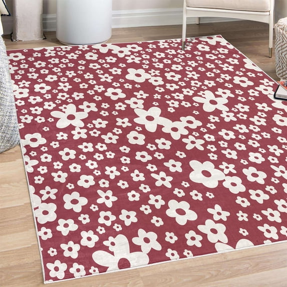 Floral Decorative Rug, Graphic Daisy Blossoms Design Colorful Background Spring Flowers Art, Quality Carpet for Bedroom Dorm and Living Room, 6 Sizes, Maroon White, by Ambesonne