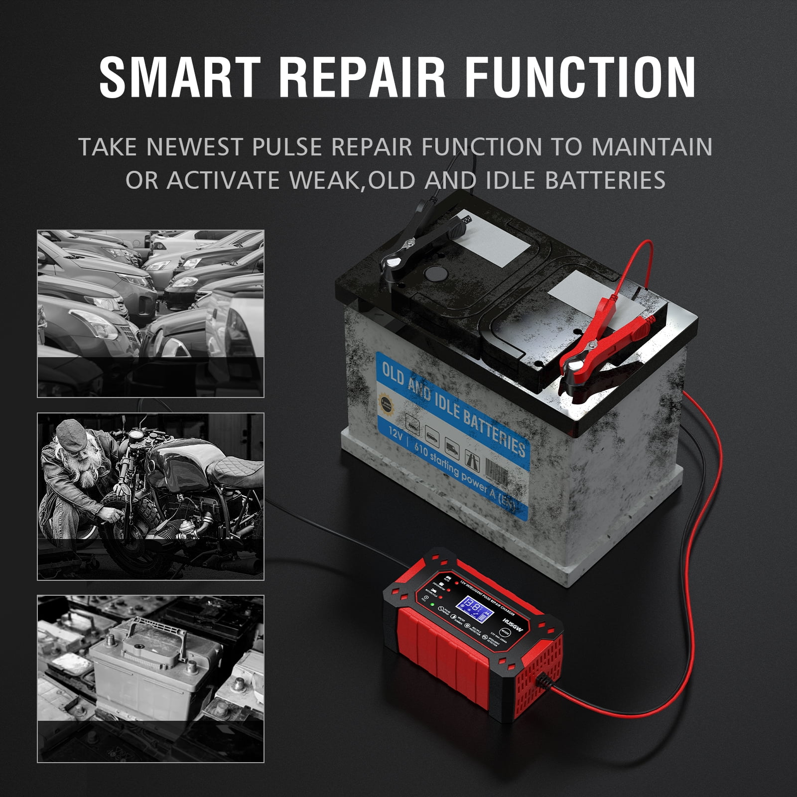 HUSGW 12V6A Car And Motorcycle Battery Charger Lead-Acid Battery Smart Charger Battery Repair Activation Charger