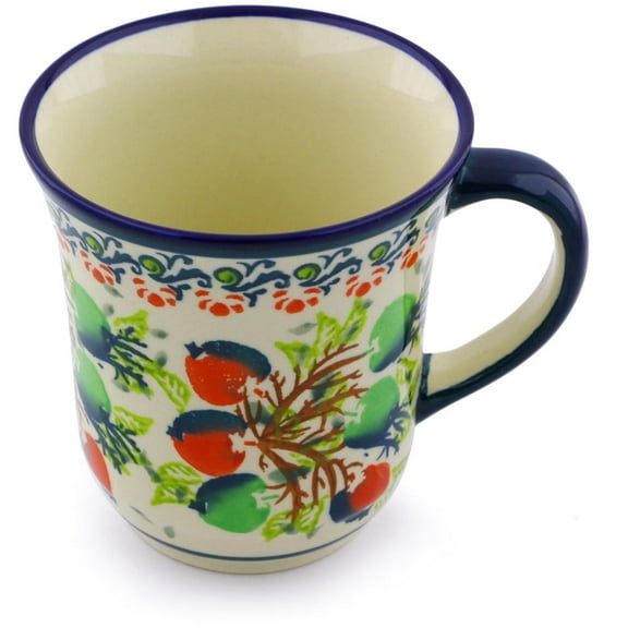 Polish Pottery 9 oz Mug (Red And Green Berries Theme) Hand Painted in Boleslawiec, Poland   Certificate of Authenticity