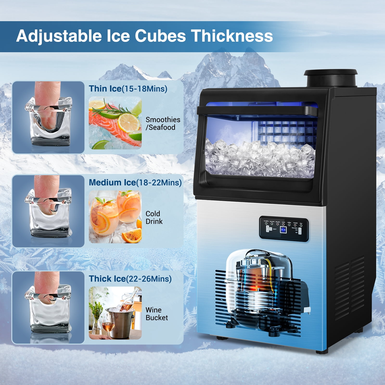 RSTLL 88lbs/24H Commercial Ice Maker Machine,Under Counter,with 15 lbs Storage Capacity,4x9 Cubed Ice,Freestanding Ice Maker for Home