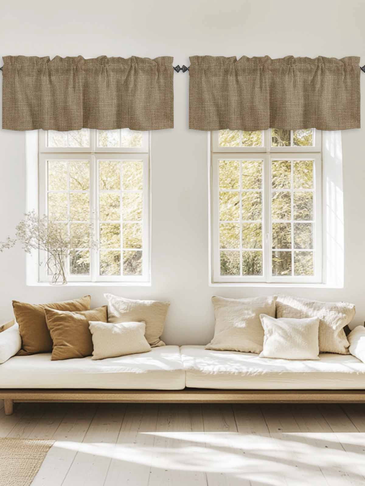 Brown Linen Window Valance, Farmhouse Pure Color 2 Pack Decorative Curtain for Small Windows, Light Filtering Valance with 3” Rod Pocket, 42"W x 12"L