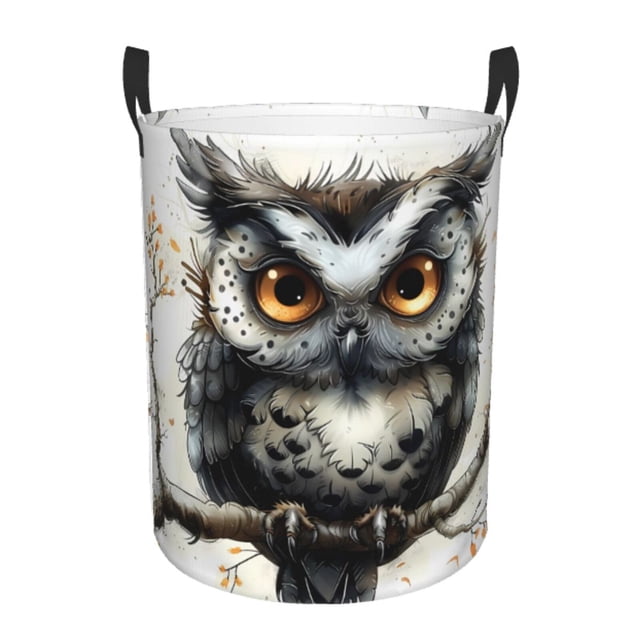 Balery Whimsical Owl On Branch Cesta de ropa redonda con asas, impermeable, independiente, para ropa, juguetes, dormitorio y familia-Small