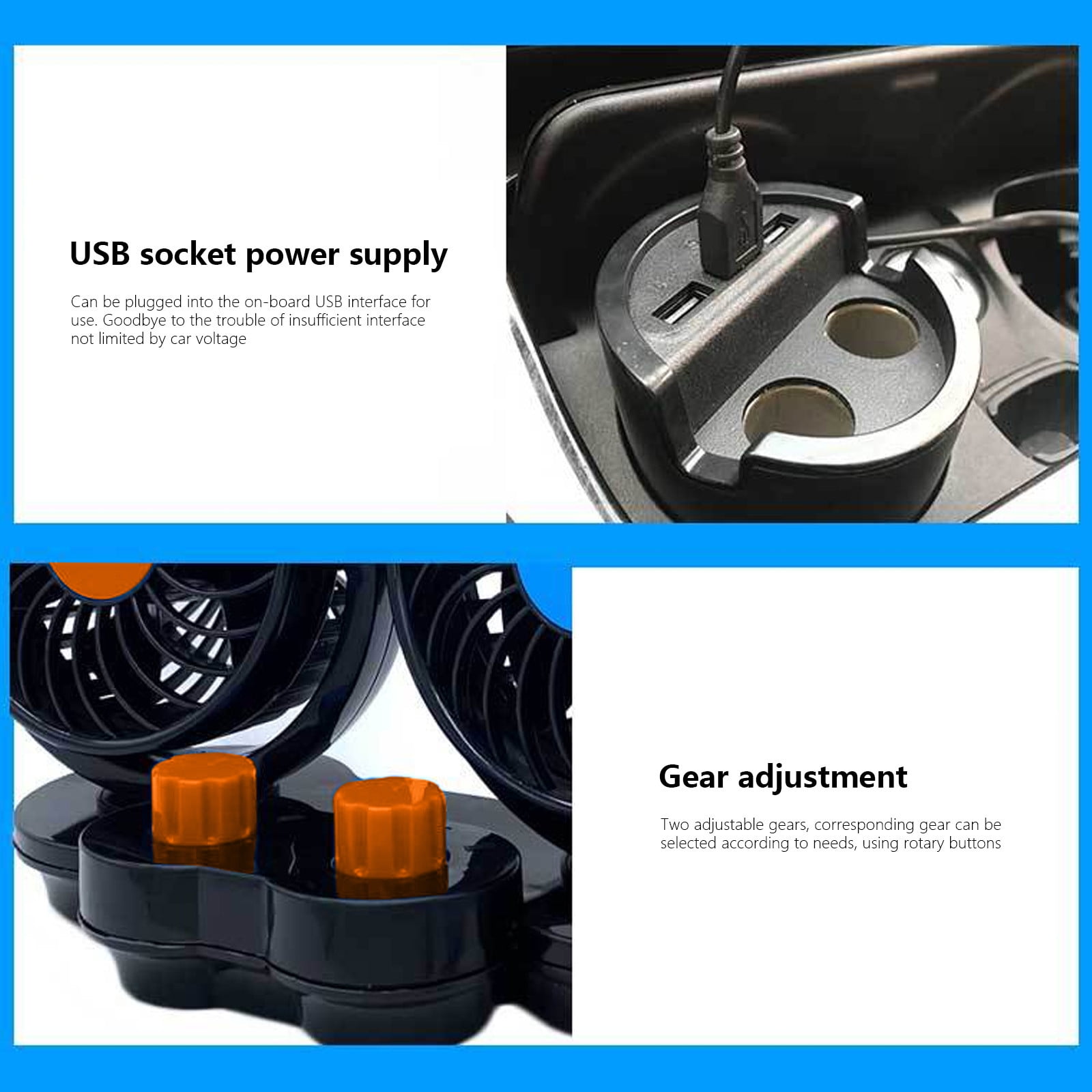 24V Car Fan, 360° Rotating Round Vehicle Cooling Fan, Portable Ventilation Fan for Truck RV SUV, Low Noise