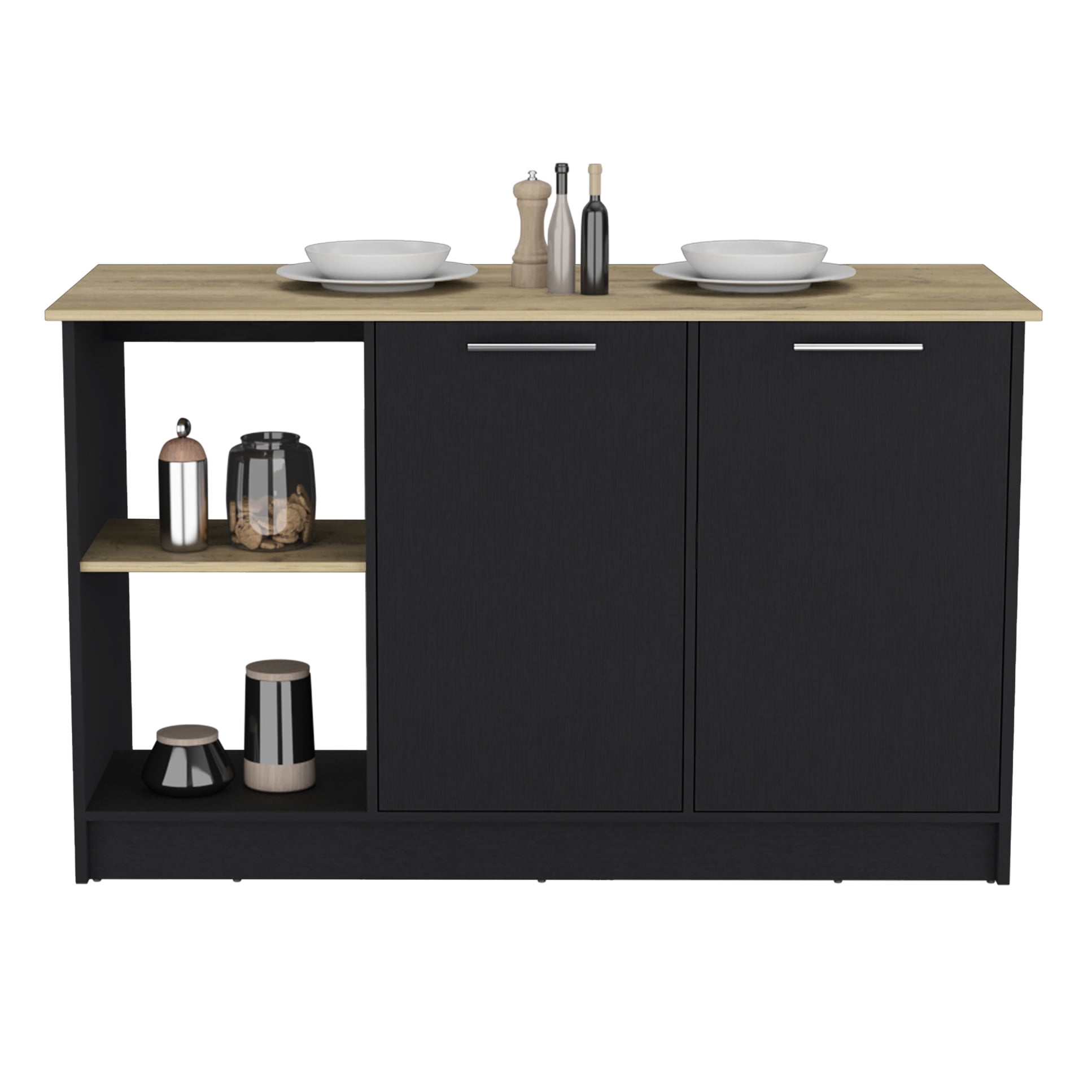 Large Countertop Kitchen Island In Black. Double Door Cabinet & Open Storage For Dishes. 25.08" Depth X 59" Width 35.78" Height. Solid Wood + . . Compliant. Compliant Black With Plentiful Surface.