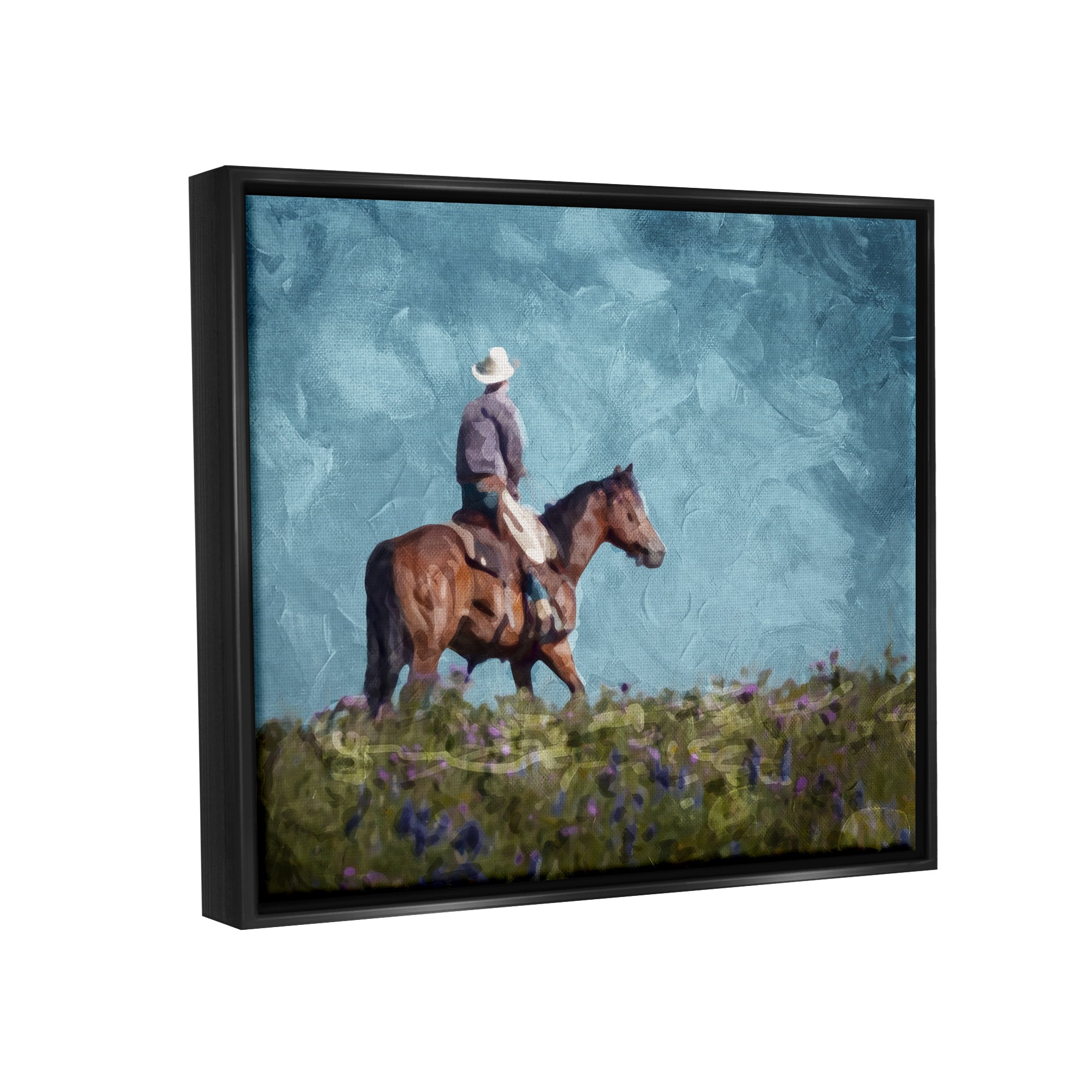 Stupell Industries Cowboy in Meadow Animals & Insects Painting Black Floater Framed Canvas Art Print Wall Art, 21 x 17