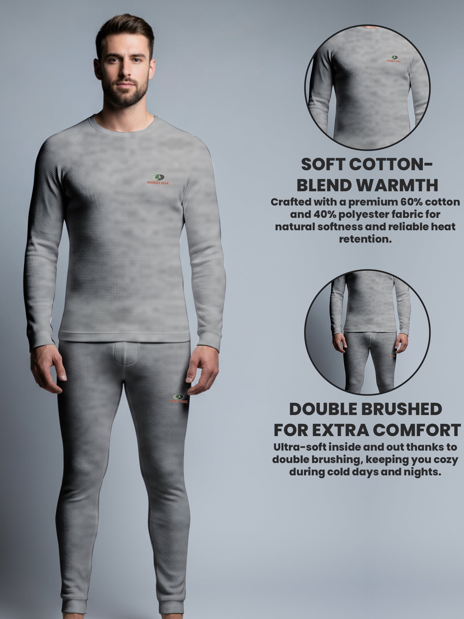 Mossy Oak Mens Thermal Underwear Set Insulated Shirt & Long Johns, Grey Heather 2X