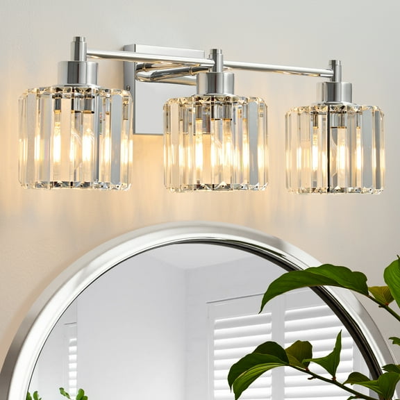 Deyidn Modern 3-Light Bathroom Vanity Light with Crystal Shades, 22 Inch Chrome Dimmable Light Fixture for Mirror