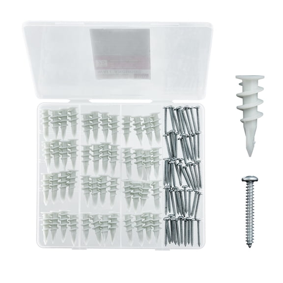 KFFKFF Drywall Anchors Self-Drilling, Pack of 100, Wall Anchors and Screws Kit, No Need for Drilling Holes, Nylon Plastic Wall Anchors with Robust Metal Screws, Suitable for Drywall