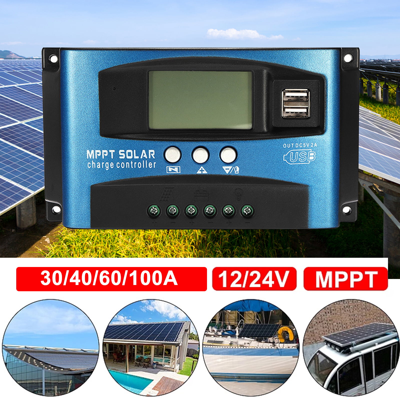MPPT PWM 100Amp Solar Panel Battery LCD Regulator Controller Auto 12V/24V 2 USB 