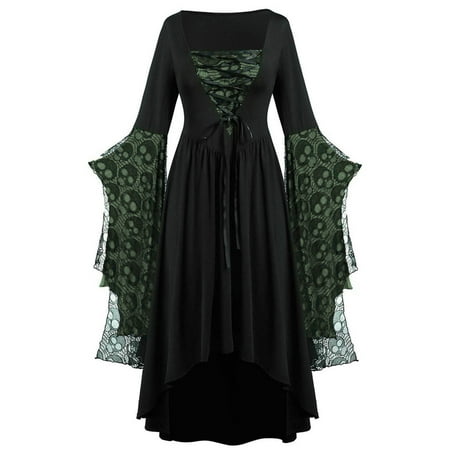 Fjofpr Womens Clothes Plus Size Dresses Long Sleeve Skull Lace Print Corset Dresses Color Matching Dresses Bandage Retro Formal Party Dress