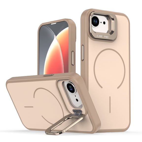 for iPhone 16e Case with Built-in Camera Stash Stand, Compatible with MagSafe, Slim Fit & Lightweight Magnetic Hard Back Soft Edge Anti-Yellow Sturdy Flexible Shockproof Cover, Desertgold