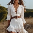 thumbnail image 3 of Women White Crochet Lace Mini Dress Deep V 3/4 Flare Sleeve Belted Ruffle Hem Summer Beach Dress, 3 of 5
