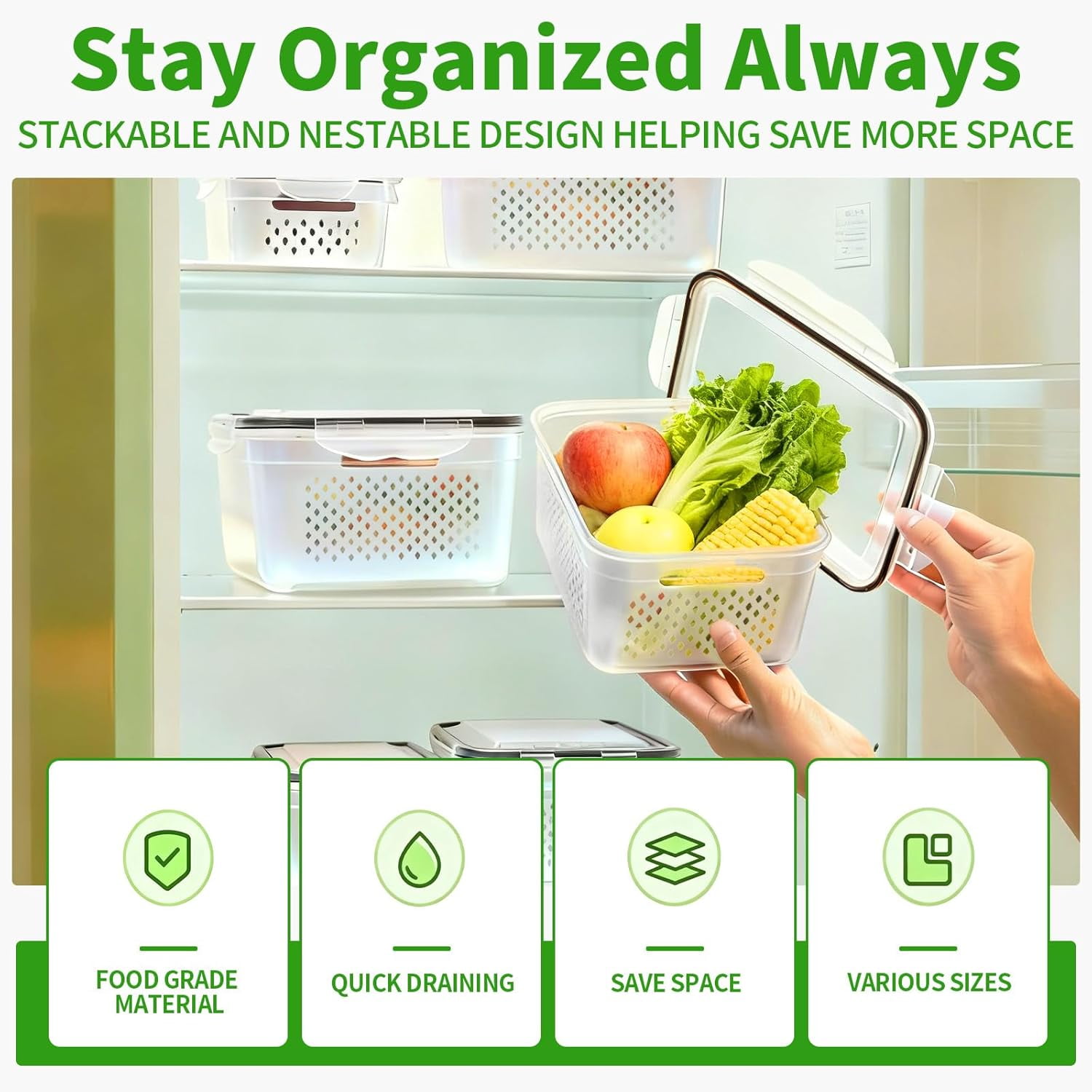 CLIQKWEN 5-Pack Large Fruit Storage Containers for Fridge with Removable Colander, 2 in 1 BPA-Free Produce Organizers to Keep Fruits Vegetables Berries Fresh Longer