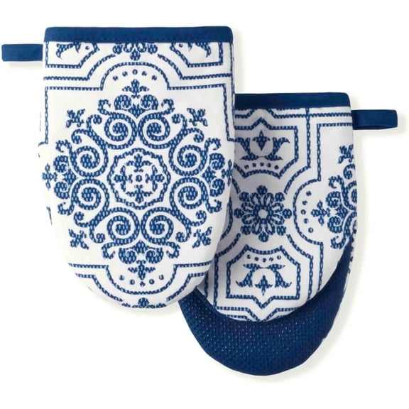 Strie Medallion Mini Oven Mitt 2-Pack Set, Navy Blue, 5.5"X8"