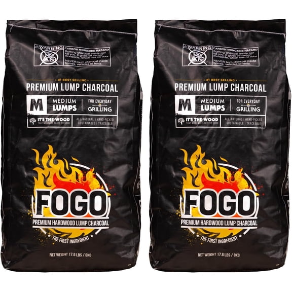 Premium Harwoo Lump Charcoal, Natural, Meium Size Lump Charcoal for Grilling an Smoking, Restaurant Quality, 17.6 Poun Bag, 2-Pack