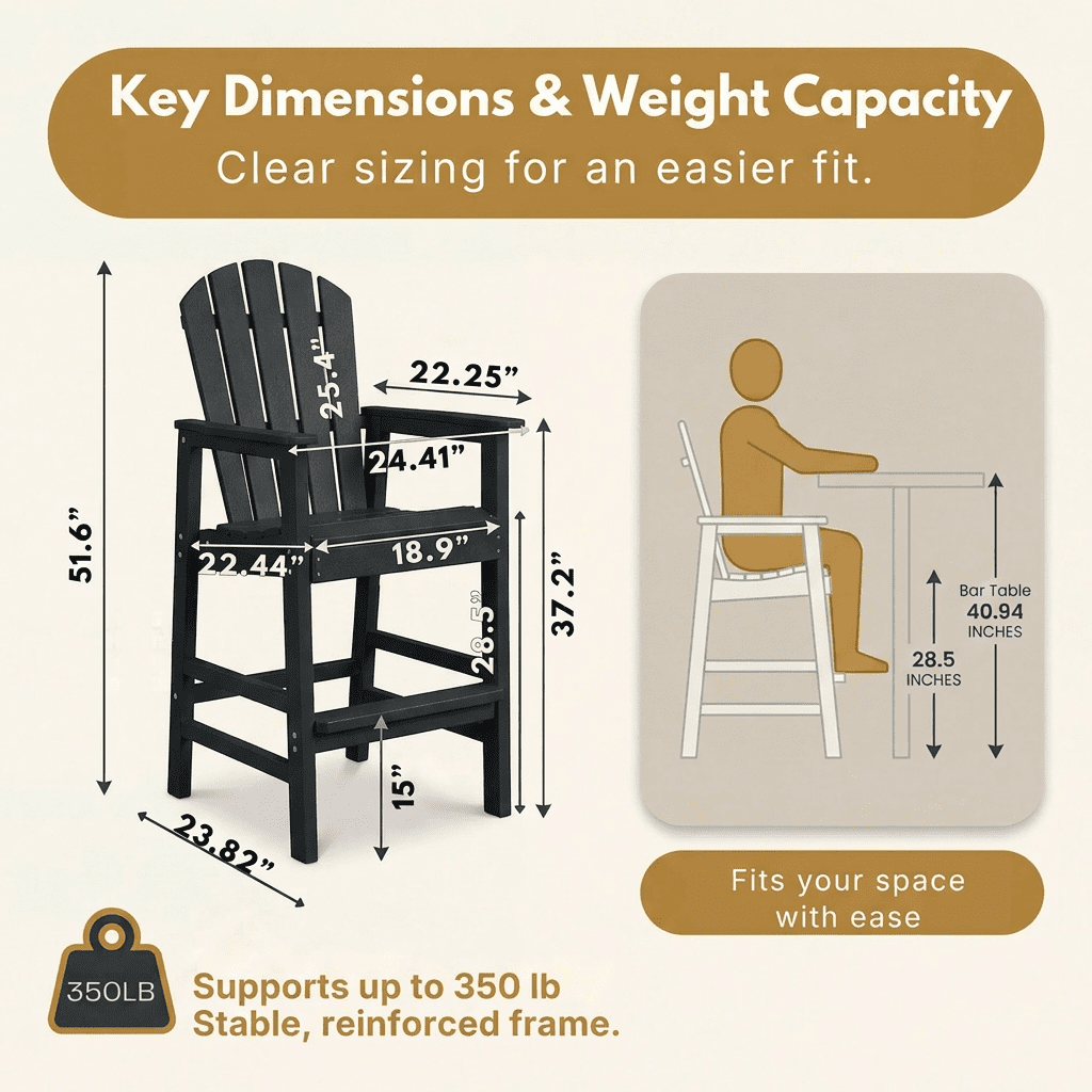 All-Weather Bar Height Adirondack Chair, Outdoor Patio Bar Stool with Armrests & Cup Holder, UV/Weather Resistant, Ergonomic High-Back Design for Deck Backyard Poolside 1PC