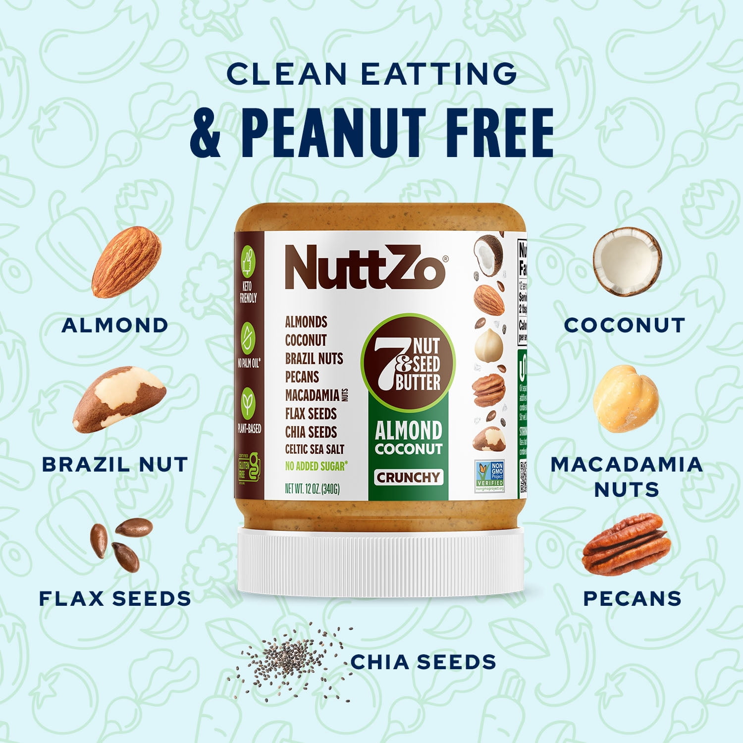 (2 pack) NuttZo Almond Coconut Crunch Nut Butter, 7 Peanut Butter Spread, Plant-Based, No Palm Oil, 12 oz Jar