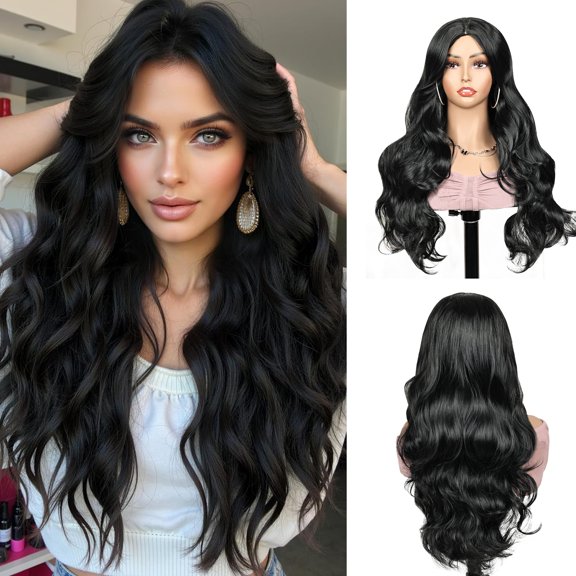 Phocas 21inch Long Deep Wave Wig No Bangs Black - Glueless Synthetic Wavy Wig for Women with Natural Hairline - Heat Resistant Daily Wear