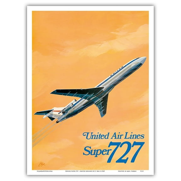 Boeing Super 727 Jet Airplane - United Airlines - Vintage Airline Travel Poster by C. Bail c.1969 - Master Art Print (Unframed) 9in x 12in