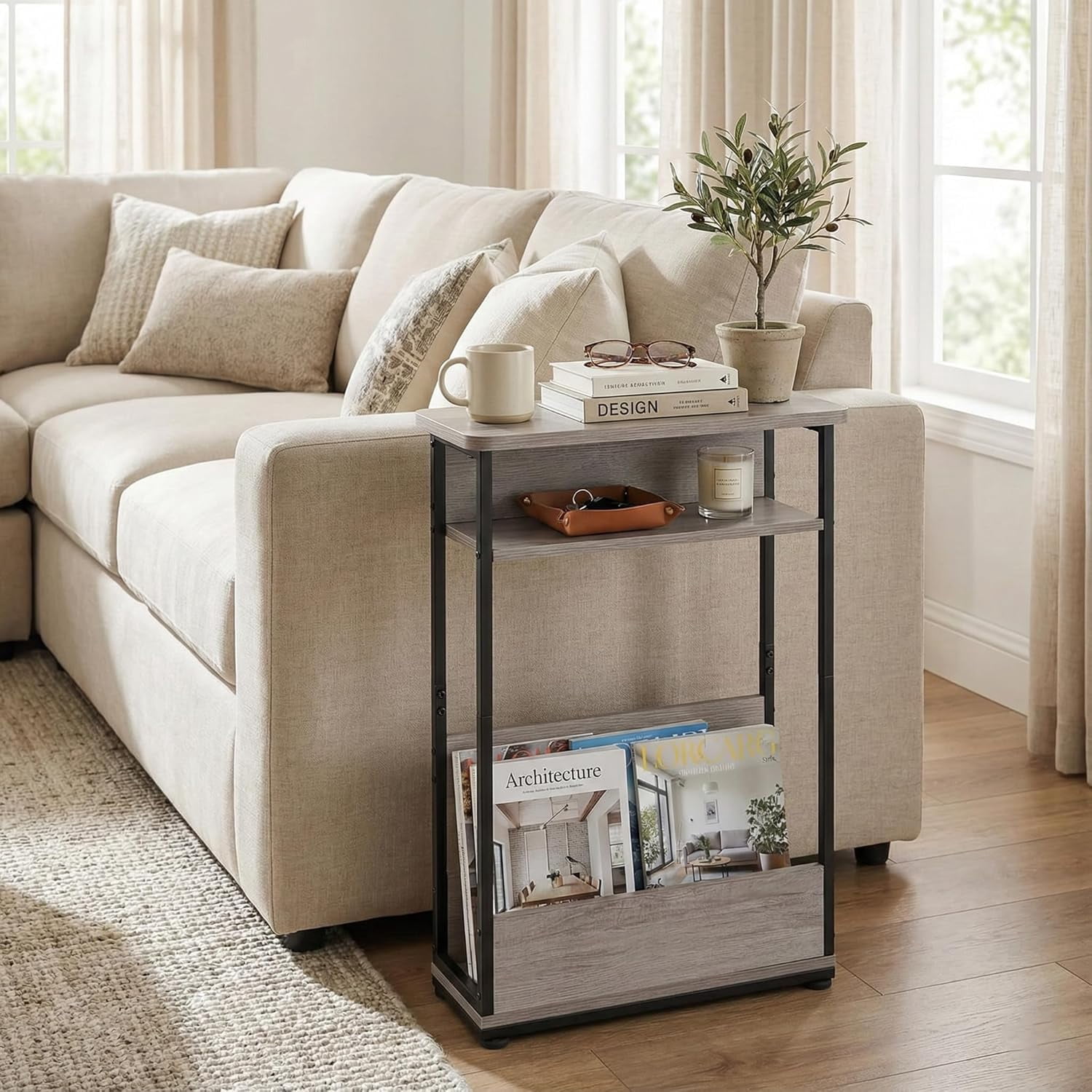 ZEXVIDA Indoor Modern Storage MDF Rectangular End Table, Oak
