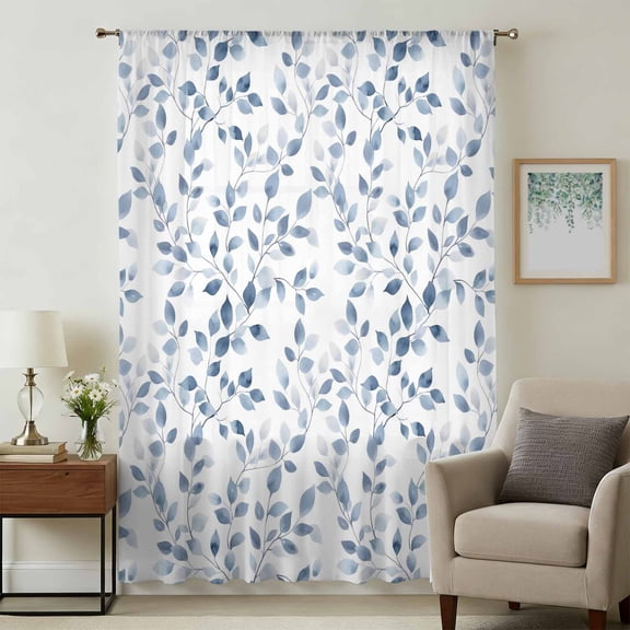 Blue Eucalyptus Leaves Sheer Curtains 63 Inches Long, Watercolor Summer Botanical Vintage Light Filering Curtains, Breathable Simi Curtain Privacy Drapes for Living Room Bedroom Window Treatment