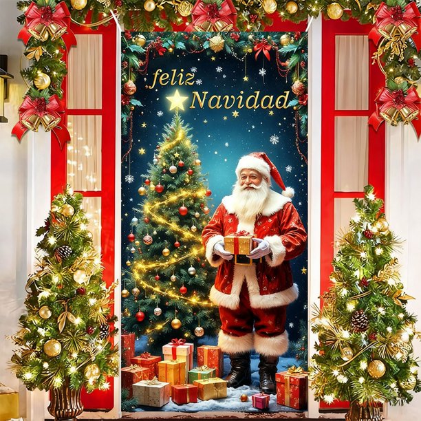 Cubierta de puerta navideña de 35 x 71 pulgadas - Diseño de Papá Noel - Decoración navideña para puerta - Decoración para festivales y fiestas