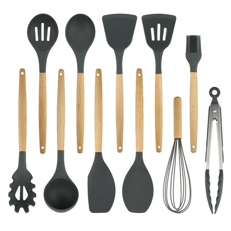 11pcs/set Silicone Cooking Utensil Set, Wood Handle Non-stick