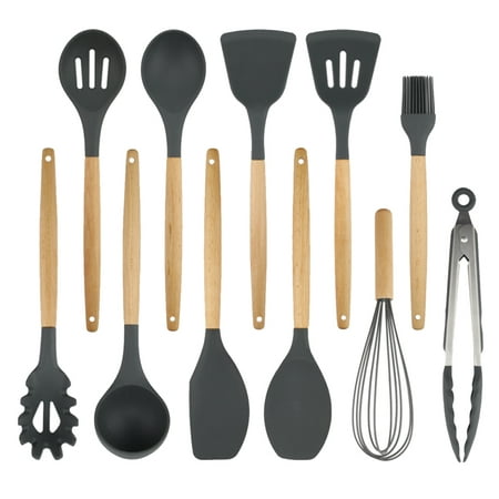 

11PC Kitchen Utensils Set Non-Stick and Heat Resistant Silicone Cooking Utensil BPA Free Non Toxic Spoon Spatula Turner Cookware with Oak Wooden Handle Kitchen Tools