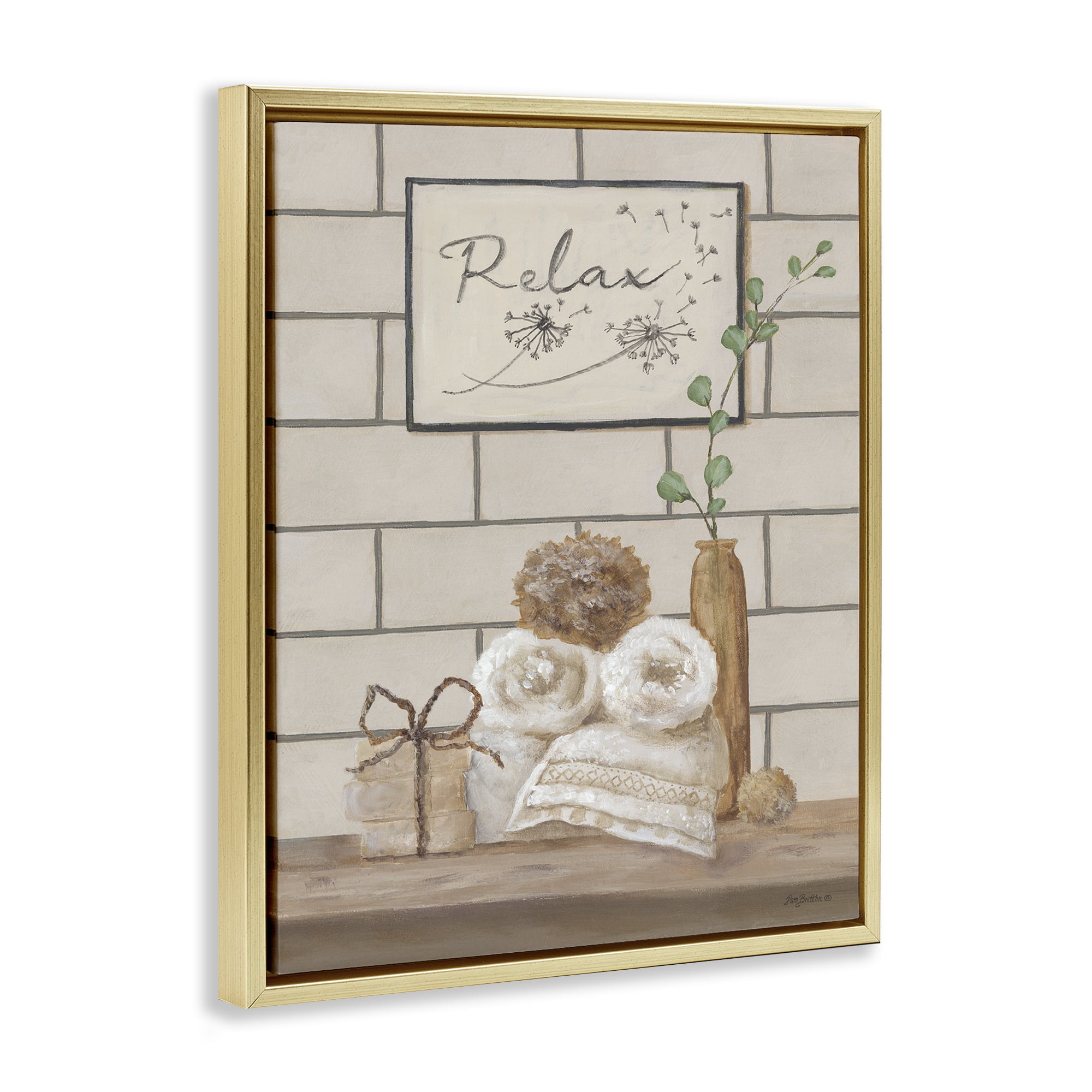 Stupell Industries Relax Bathroom Scene Typography Painting Gold Floater Framed Canvas Art Print Wall Art, 25 x 31