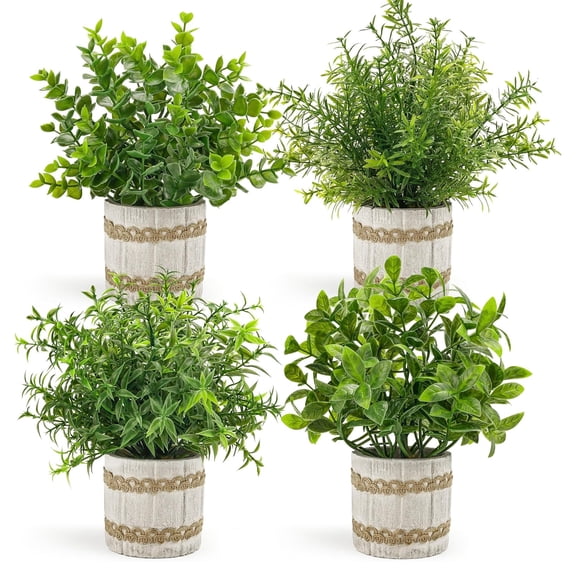 4 Pack Small Fake Plants Mini Artificial in Natural Farmhouse Paper Pulp Pots for Home Office Bathroom Bedroom Kitchen Decor