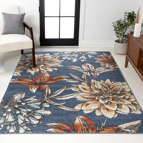 JONATHAN Y CONTEMPORARY POP 8 x 10 Area Rug, Giglio Botanical Flower - Blue/Orange/Cream, CTP202A-8
