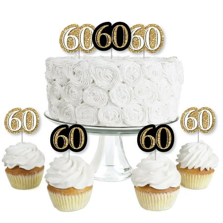 - Adult 60th Birthday - Gold - Dessert Cupcake Toppers - Birthday Party Clear Treat Picks - Set of 24