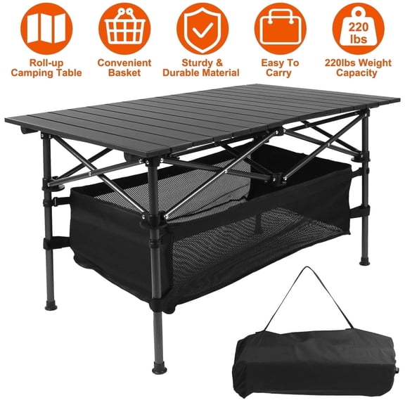 Moclever Folding Heavy Duty Camping Table Rustproof Aluminum Roll up Camping Table 220lbs Load Capacity with Storage Basket for Outdoor, Black