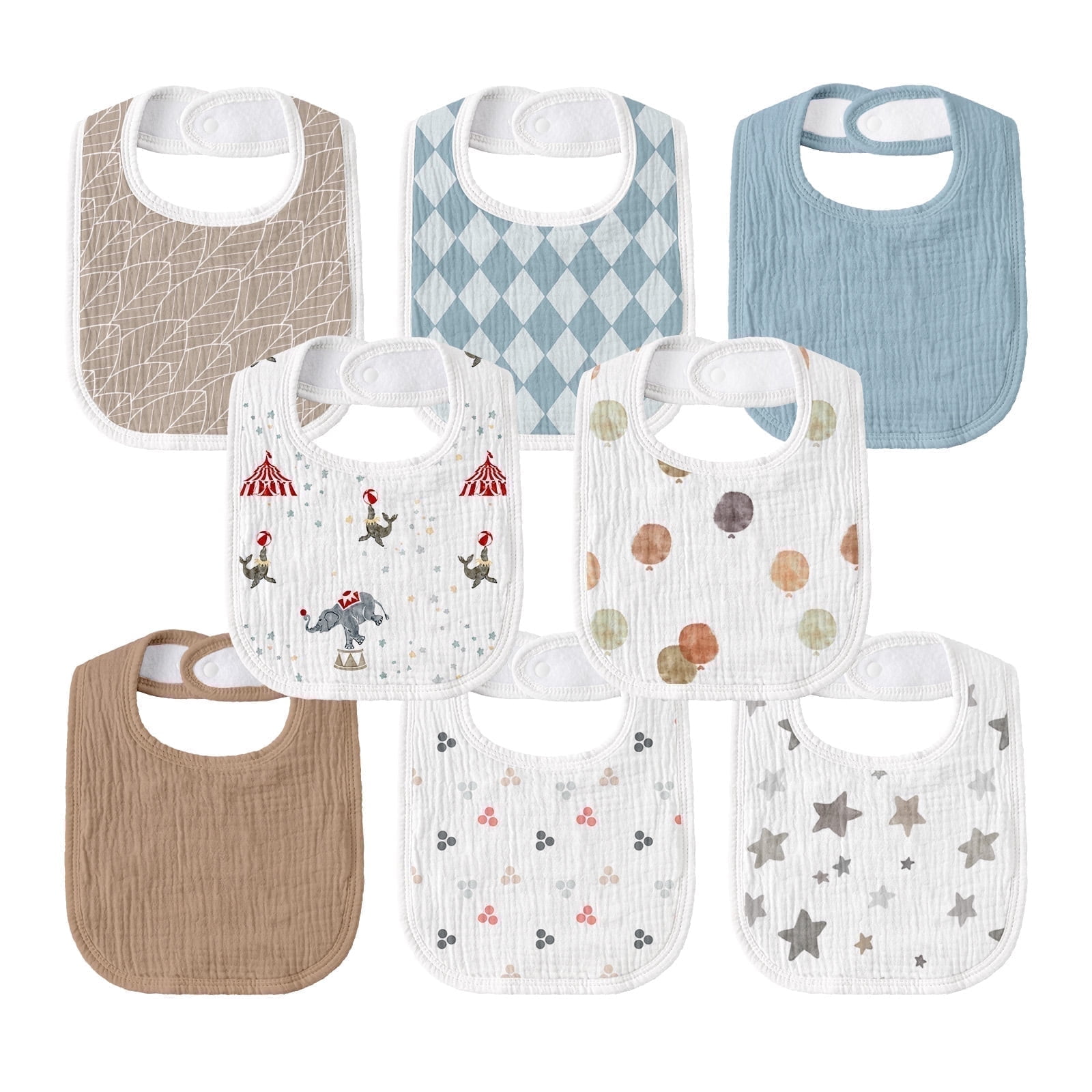 Gllquen Baby Muslin Cotton Cloth Baby Drool Bibs for Boys Girls with Adjustable Snap, 8 Pack, Circus