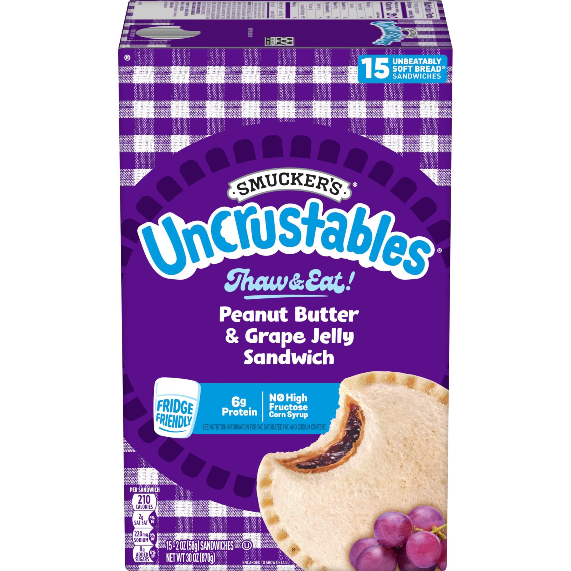 Smucker’s Uncrustables Peanut Butter & Grape Jelly Sandwiches, 15 Count, 2 oz Each, Frozen