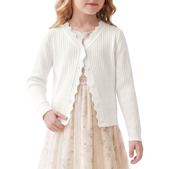 INSPIRE CHIC Girls Back to School Knit Cardigan Sweater Long Sleeve Button Down with Scalloped Trim Soft V-Neck Shrug for Kids 5-12 Years 5-6 Years White